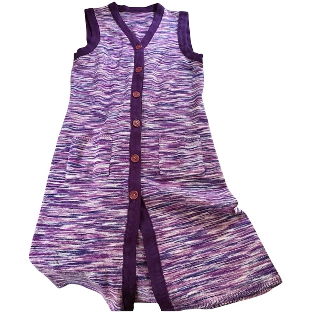 Vintage 70s Sleeveless Sweater Vest Duster Purple Buttons Pockets